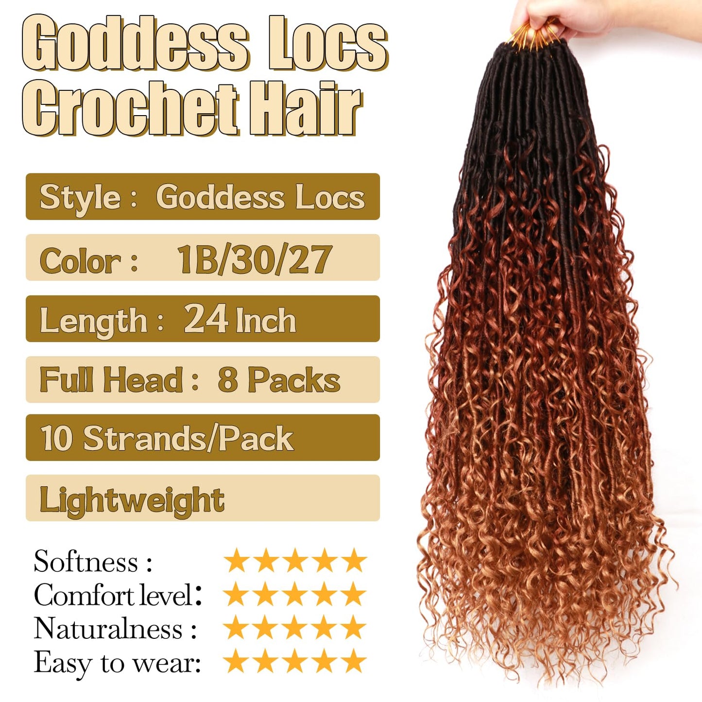8 Packs Goddess Faux Locs Crochet Hair-24 Inch Boho Soft Locs Crochet Hair for Black Women (1B/30/27#, 24 Inch(Pack of 8))