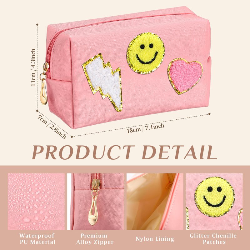 Silkfly 15 Pcs Preppy Patch Makeup Bag Bulk End of the Year Teacher Gifts Bulk Cosmetic Toiletry Bag Smile Lightning Heart PU Leather Portable Waterproof Makeup Cosmetic Purse for Women(Pink)