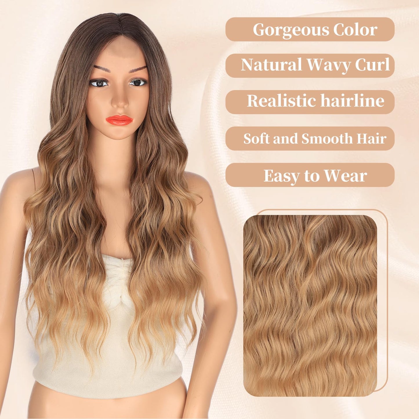 XIXIBI Long Ombre Brown Wigs for Women, Synthetic Ombre Brown to Light Brown Middle Part Curly Wavy Wigs for Daily Cosplay Use 26Inch