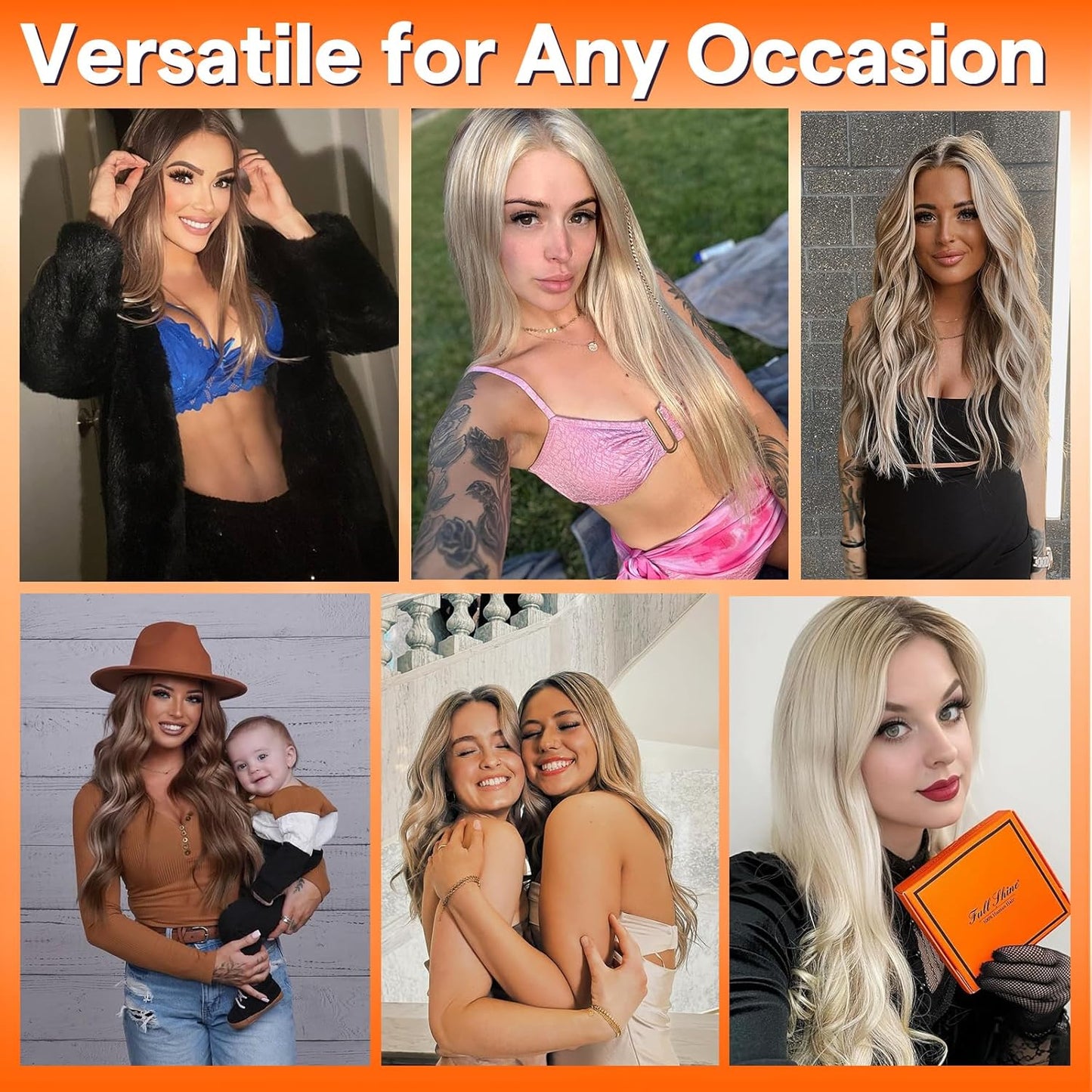 Full Shine Remy Hair Weft Extensions - Ash Blonde Highlight, 16 Inch, 50G Human Hair