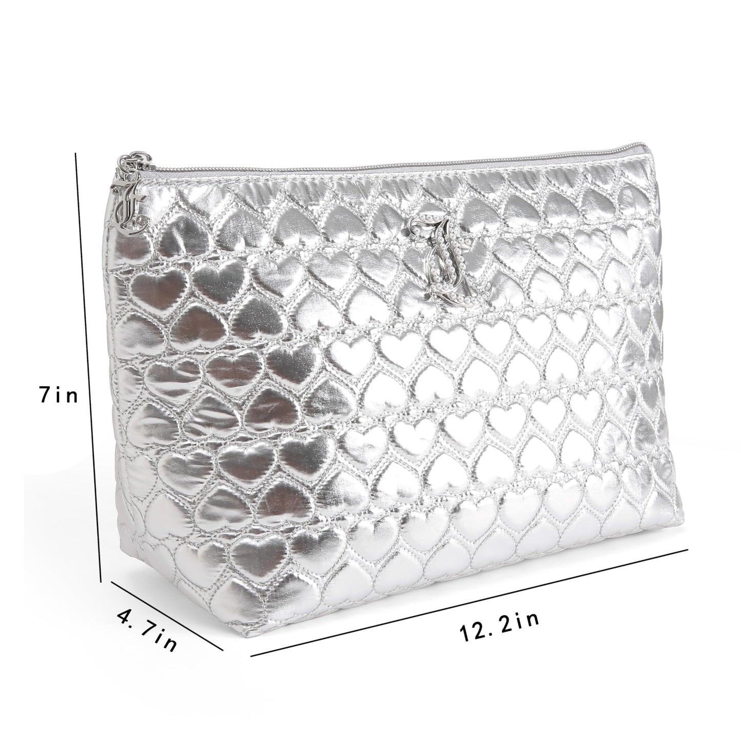 Juicy Couture Silver Makeup Bag Cosmetics Organizer Travel Essentials Top Zip Pouch Shiny Quilted Heart