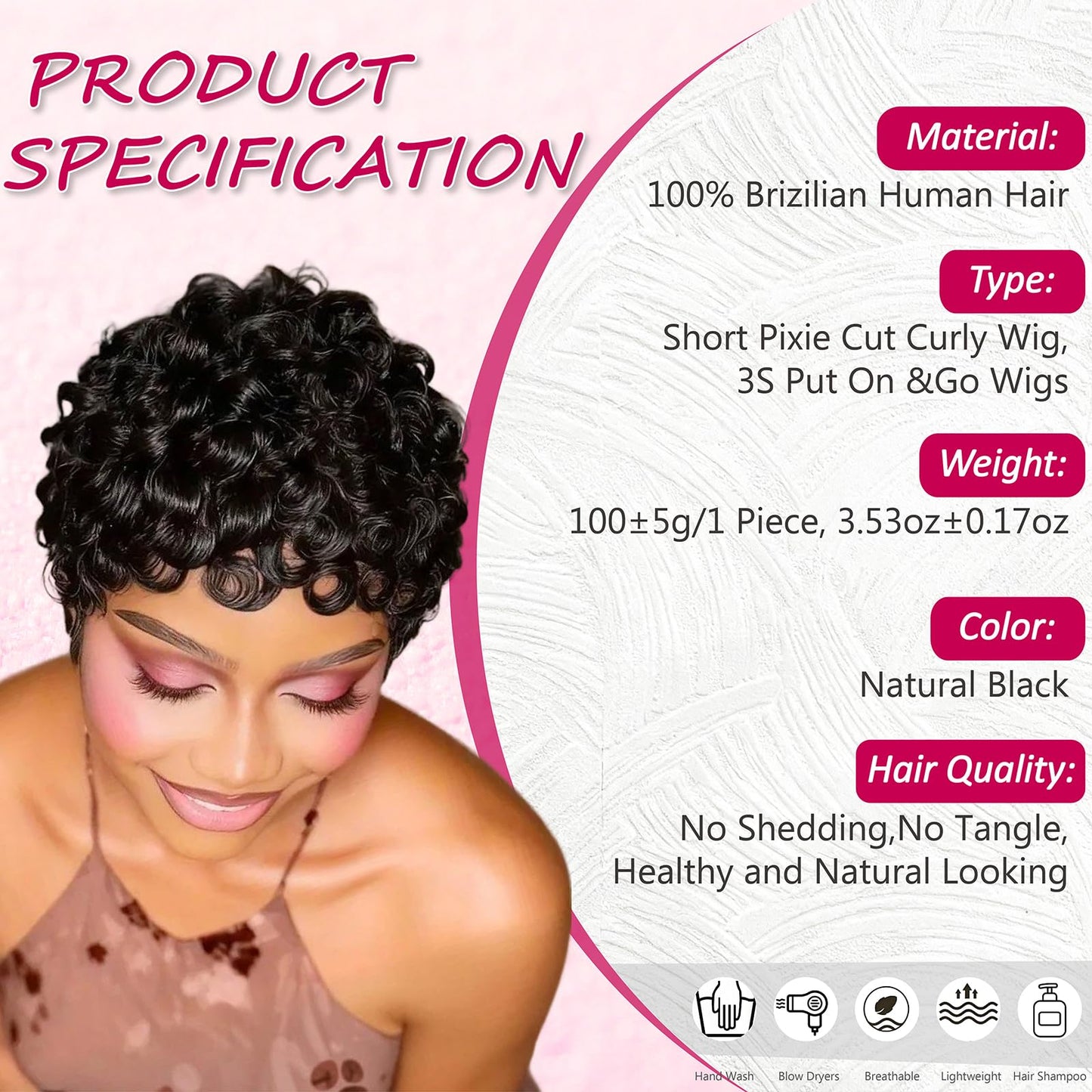 CRYSTALHAIR Short Curly Pixie Cut Wigs for Black Women, Loose Wave Short Curly Pixie Cut Wig Brazilian Virgin 100% Human Hair Wear and Go Glueless Layered Pixie Curly Wigs With Bangs for Daily Use