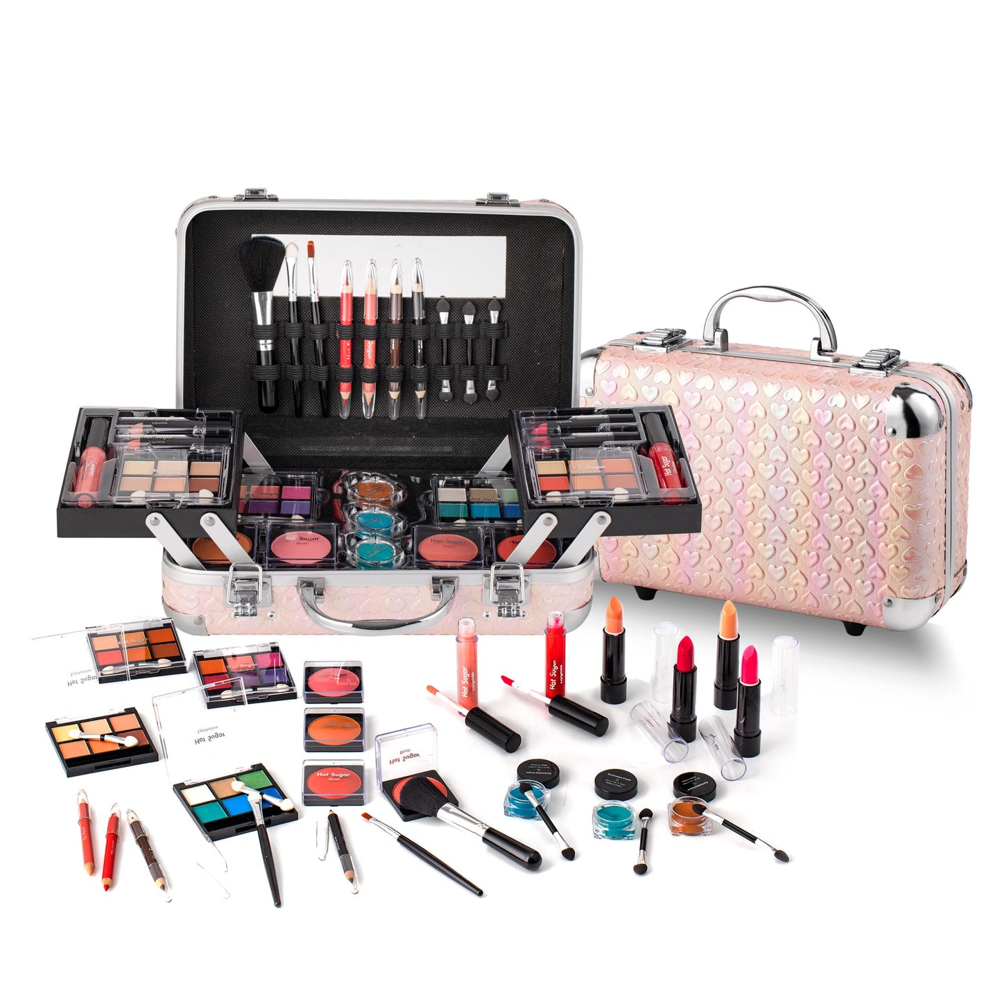 Hot Sugar All In One Makeup Set for Teenager Girls, Full Makeup Kit for Beginners Includes Eye Shadow Palette Blush Lip Gloss Lipstick Lip Pencil Eye Pencil Brush Mirror (Pink Heart)