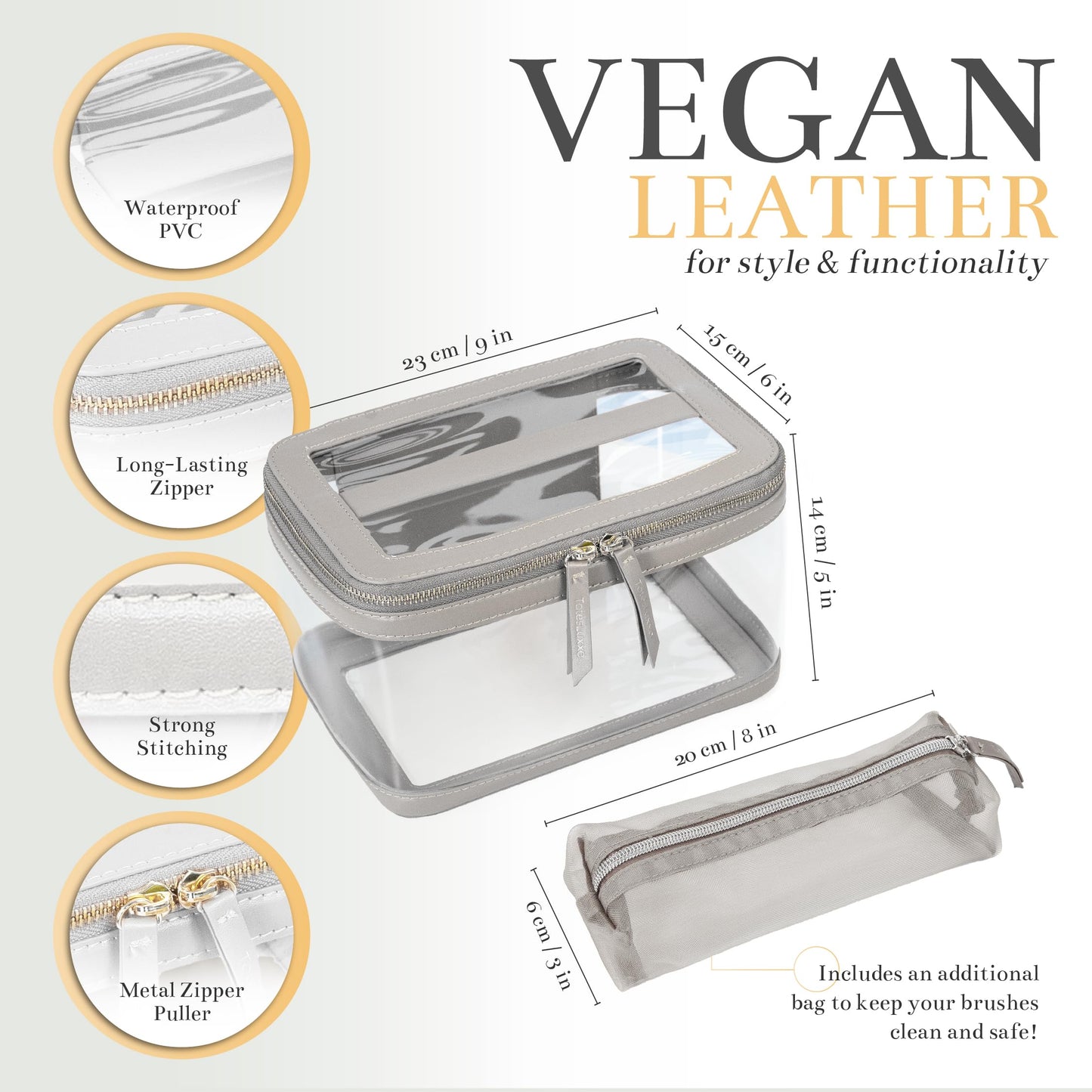 TotesLuxxe Portable Large Clear Transparent Cosmetic Toiletry Travel Organizer with Makeup Brush Bag Travel Toiletry Bag for Women Train Case