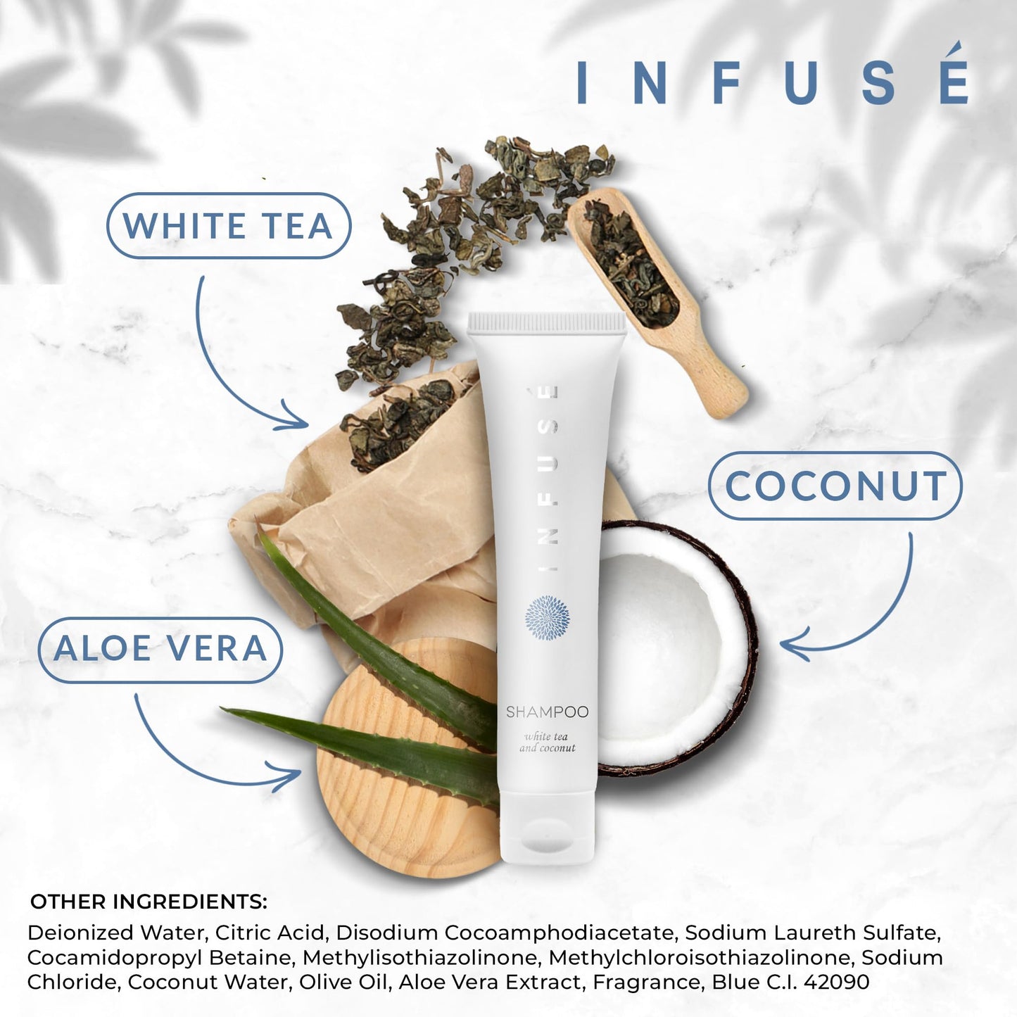Travel Size Hotel Shampoo 20 Count 1 oz Bottles Guest Amenities for Hotels Vacation Rentals and Short Term Rentals Paraben Free White Tea and Coconut Scent Infused with Aloe and Olive Oil by INFUSE