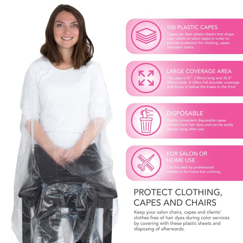Disposable Salon Capes - 100 Pack Plastic Capes for Hair Coloring, Shampoo, and Styling - Waterproof, Lightweight, One-Time Use