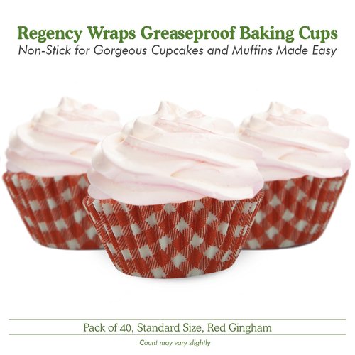 Regency Wraps Greaseproof Professional Grade Baking Cups, Pack of 40, Standard Liners, Red Gingham, for Cupcakes, Muffins, Candy, Non Stick