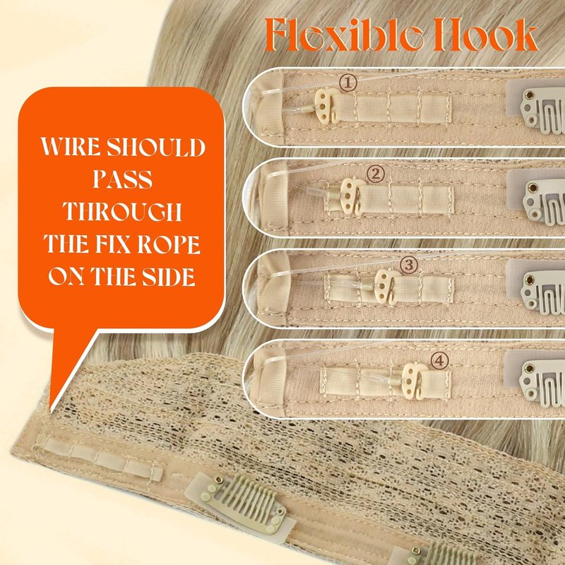 Real Human Hair Extensions - 18 Inch Soft Wire Hairpiece | Golden Blonde Highlights, Adjustable & Easy to Wear