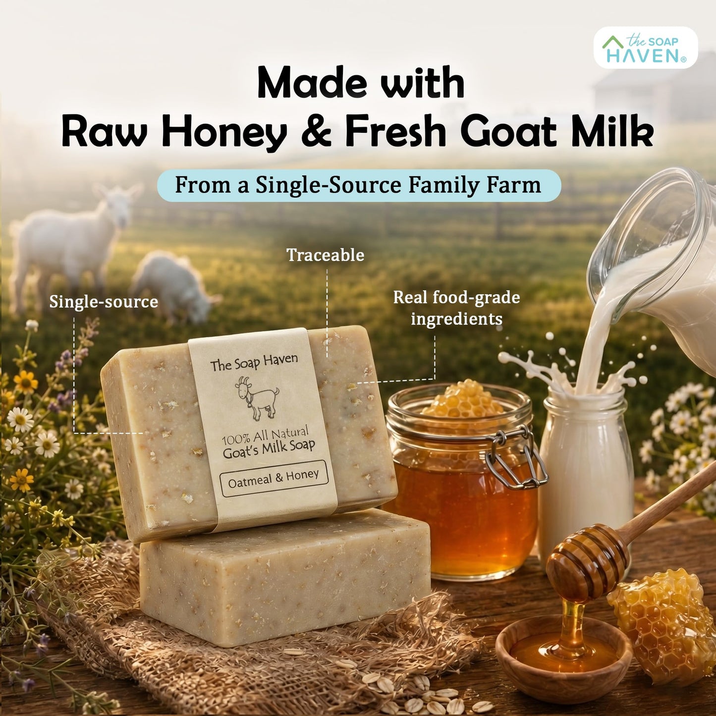 Oatmeal Soap - 4 Oatmeal & Honey Goat Milk Soap Bars, Handmade in USA, All Natural, Unscented, SLS Free, No Parabens
