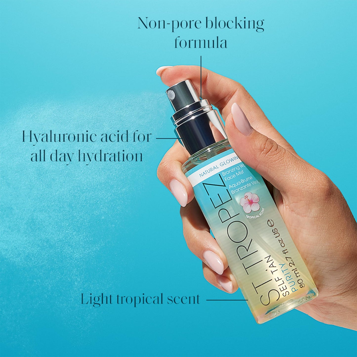 St.Tropez Self Tan Purity Bronzing Water Face Mist, Natural Sunkissed Glow with Hyaluronic Acid & Antioxidants, Vegan, Natural & Cruelty-Free Face Care, 2.7 Fl Oz