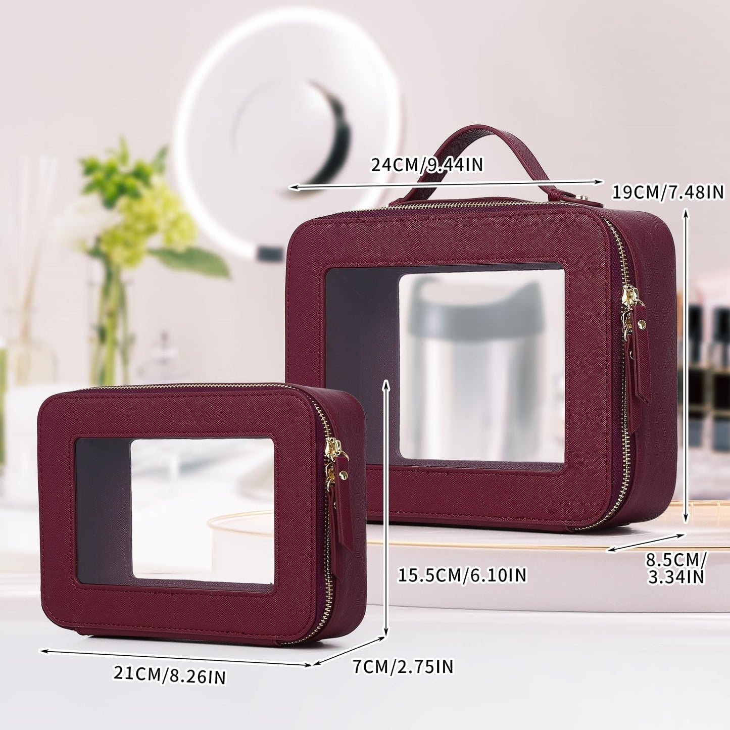 Pinkmik Clear Makeup Bag for Women Waterproof Travel Cosmetics and Toiletries Case Portable Makeup Oaganizer Bag Clear Car Bag with Zipper (X/Burgundy, M+L)