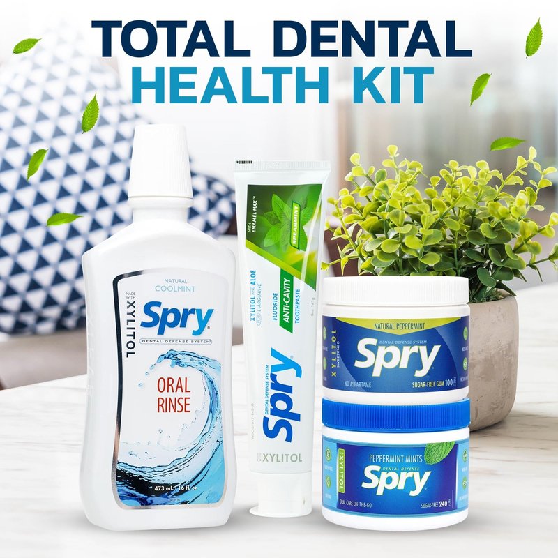 Spry Total Dental Health Kit, All Day Oral Care and Gum Health Kit Including Xylitol Sugar Free Gum, Candy Mints, Oral Rinse and Spearmint Toothpaste