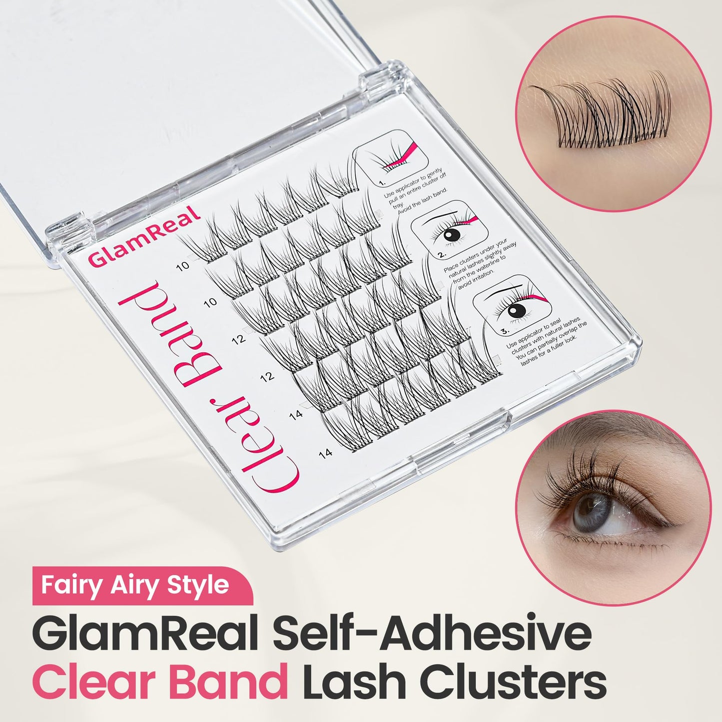 Self Adhesive Press On Lashes 10-14mm, Pop-On Glueless Lash Clusters, Natural ULTRA-THIN Invisible Band Lashes, Reusable No Residue 36 Clusters, Beginner Friendly kit by GlamReal (Fairy Airy)