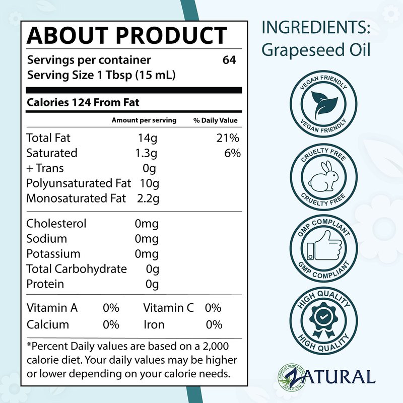 Zatural 100% Pure Cold Pressed Grapeseed Oil – Naturally Grown Virgin, High Smoke Point 450°F+, Non-GMO, Perfect for Cooking Frying Baking, Dressings Marinades & Skincare Hair (32 Fl oz)