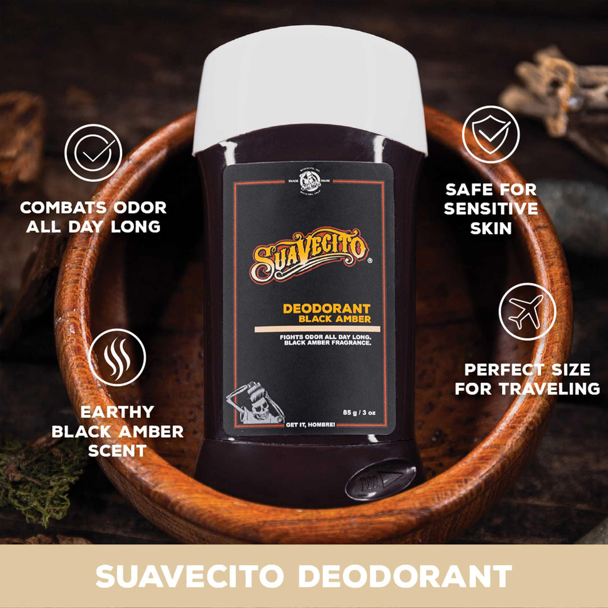Suavecito Black Amber Scent Stick Deodorant Underarms Men's Grooming Aluminum Free Combats Odor All Day Long