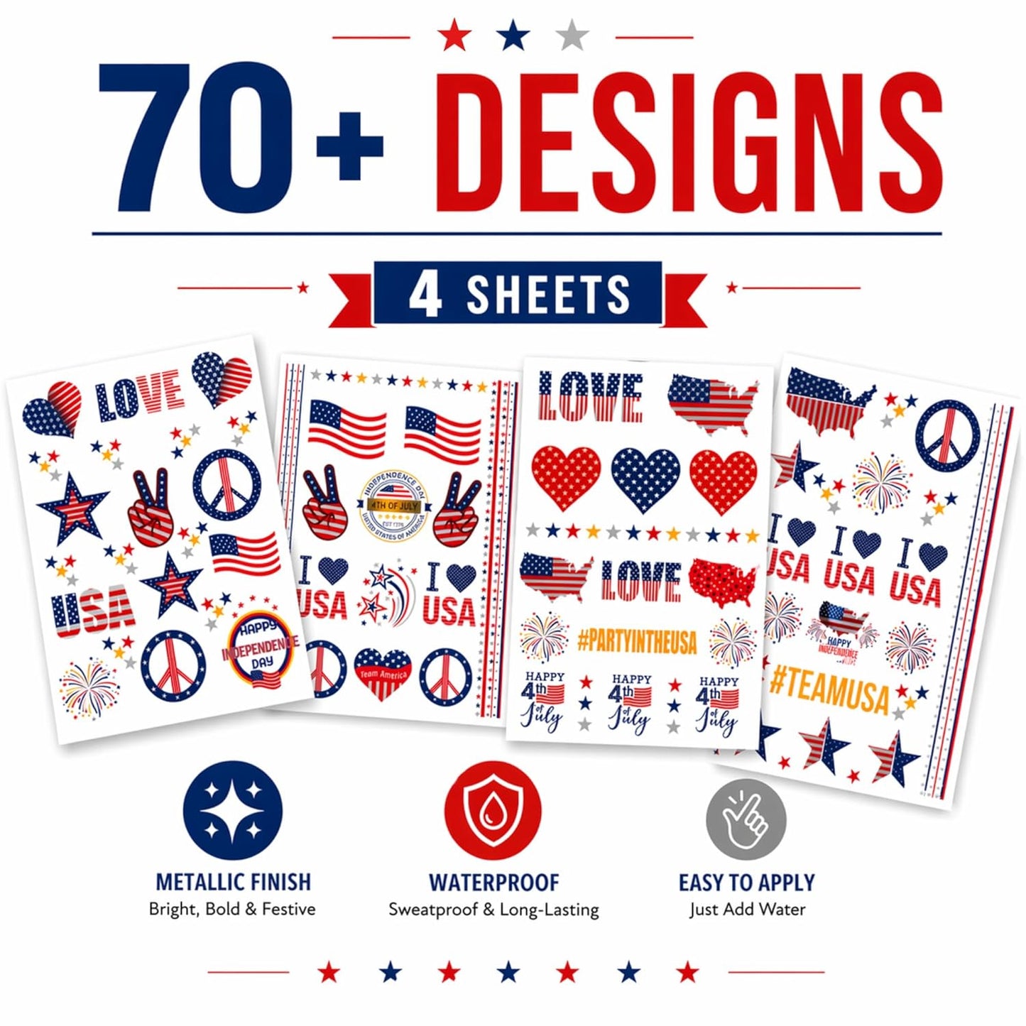 4th of July Temporary Tattoos - 70+ Patriotic Designs | Waterproof USA Flag Red, White & Blue for Parties