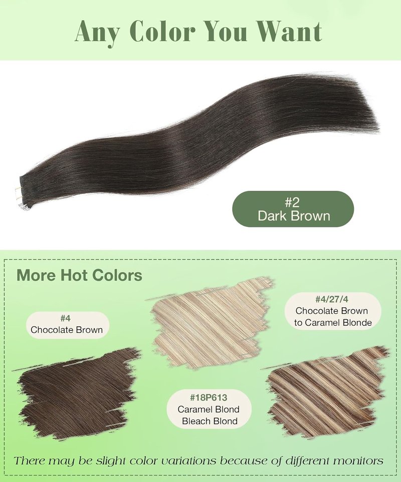 Tape In Hair Extensions - 16 Inch Human Hair - Darkest Brown - 20 Pcs, 50g