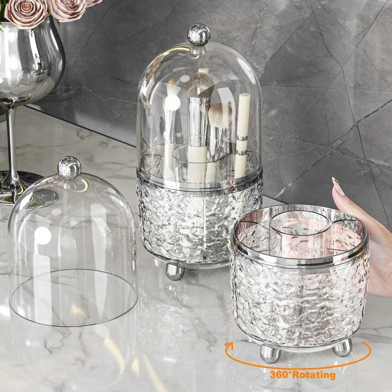 360 Rotating Makeup Brush Holder - Dustproof Spinning Organizer for Bathroom Countertop | Gray