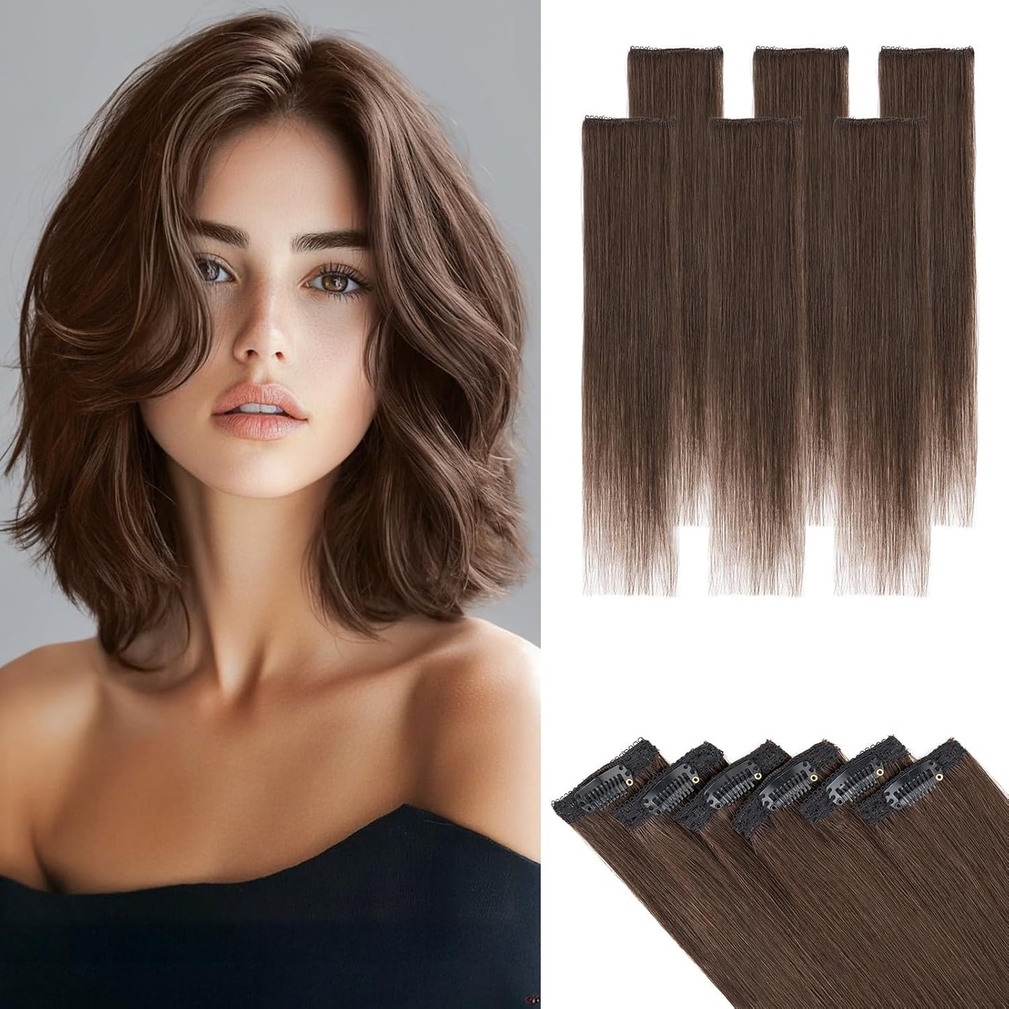 Short Clip-In Hair Extensions - Real Human Hair for Volume & Highlights | 10-Inch Dark Brown, 6 Pieces 31g
