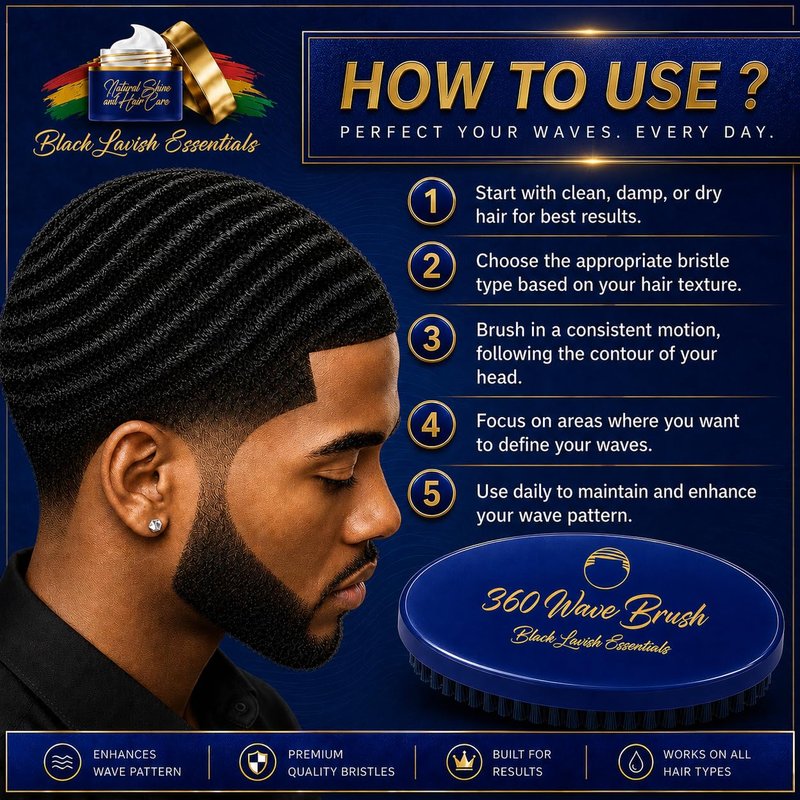 Black Lavish Essentials Men’s Hair Brush, Build Deeper, Hard Boar Bristle Curved, Perfect for Styling Hair, Ultimate Wave Grooming Tool, 360 Wave Brush (Medium-Hard Brush, Blue)