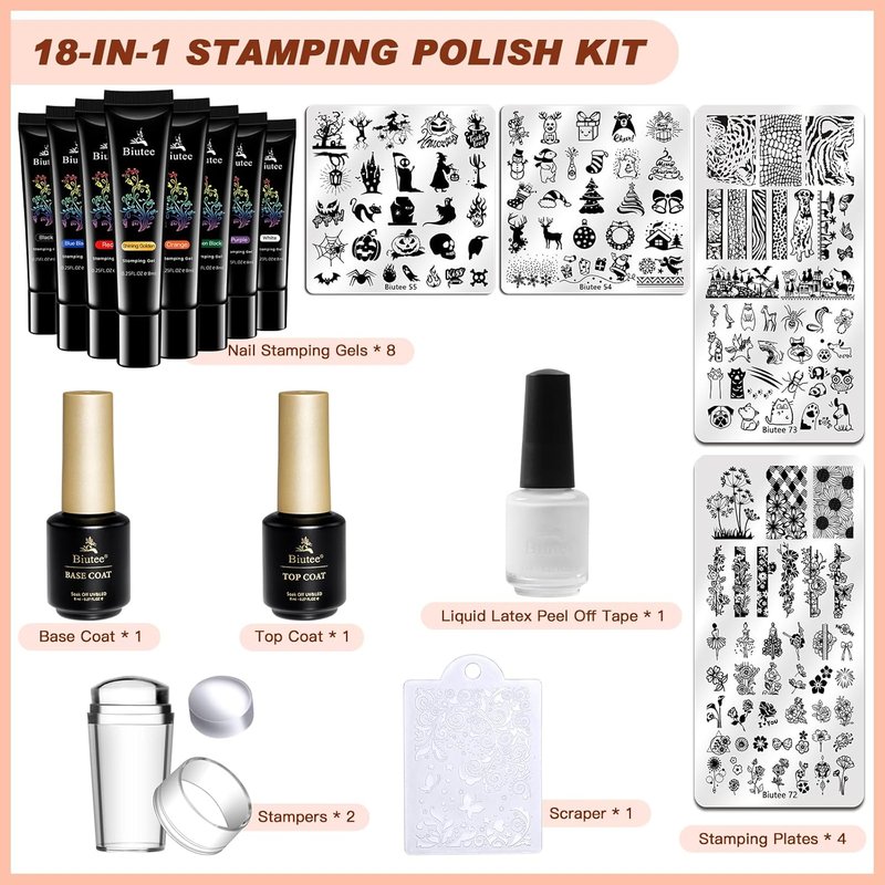 SEISSO Nail Stamping Polish Kit - 8 Colors, 4 Templates & Peel Off Tape for DIY Flower Art Design