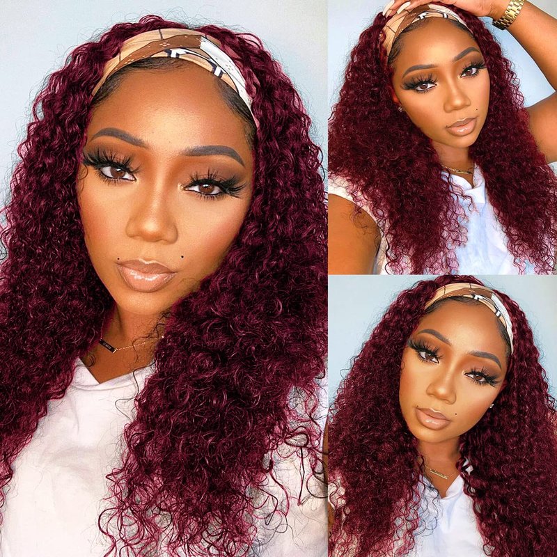 Celiarita #99J Burgundy Headband Wig Human Hair Deep Wave Wigs for Black Women 150% Density None Lace Front Machine Made Brazilian Virgin Red Wine Deep Wave Headband Wig Human Hair 14 Inch