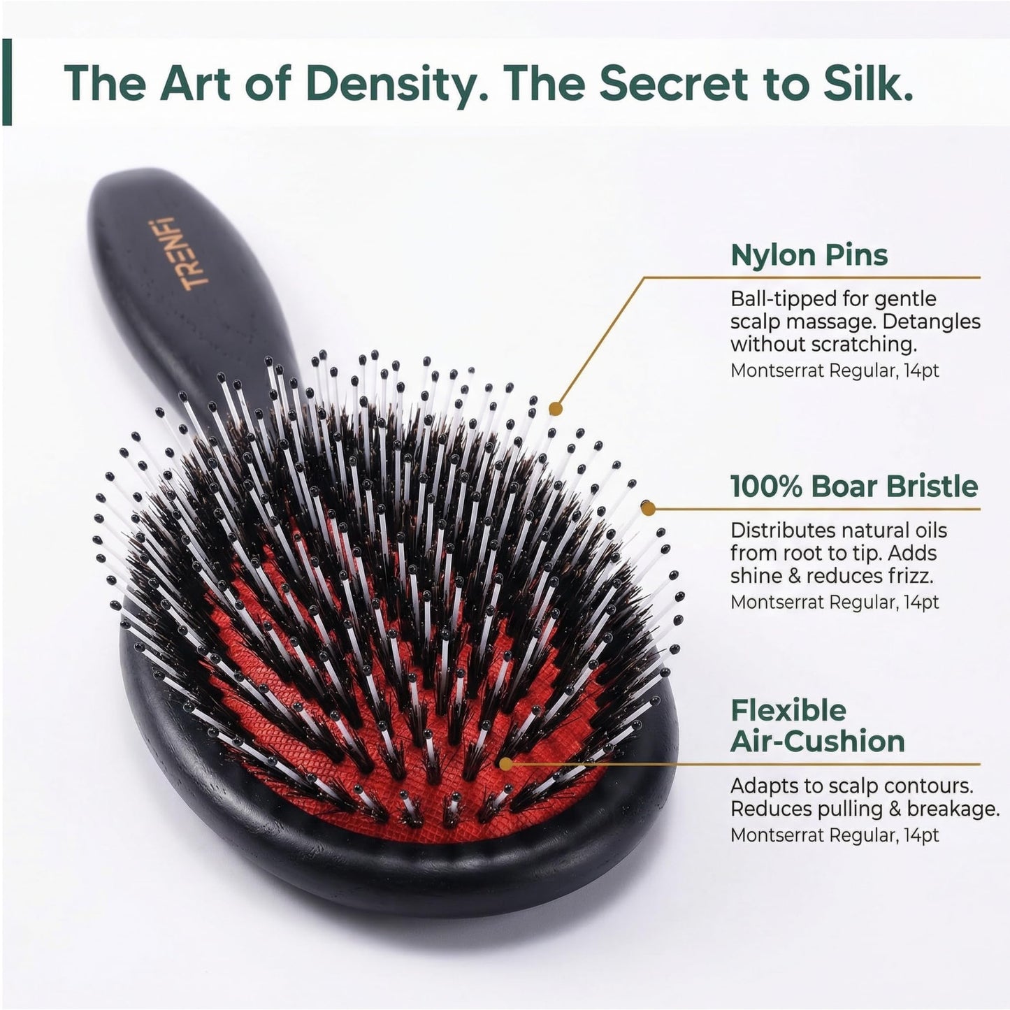 TRENFI Boar and Nylon Bristle Hair Brush | Solid Red Oak Oval Cushion Brush for Thick Wavy Curly Hair