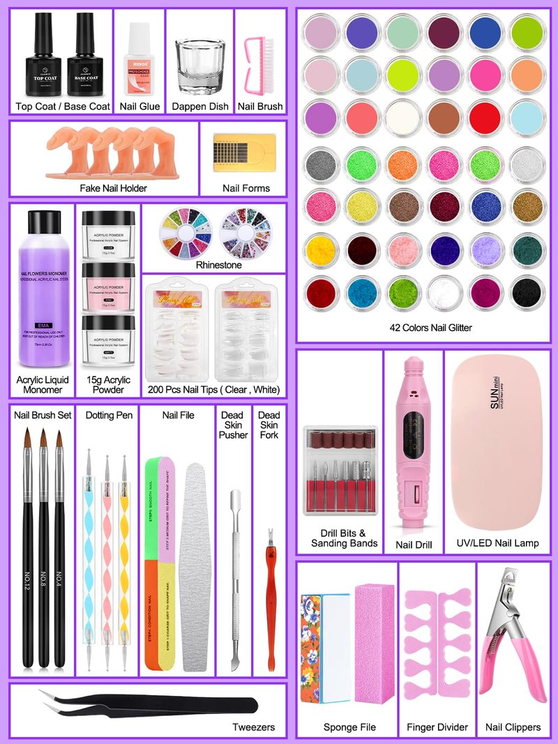 Professional Acrylic Nail Kit for Beginners - 42 Colors Glitter Powder, Liquid, UV Light, Drill, Practice Finger Nail Bag Organizer Case