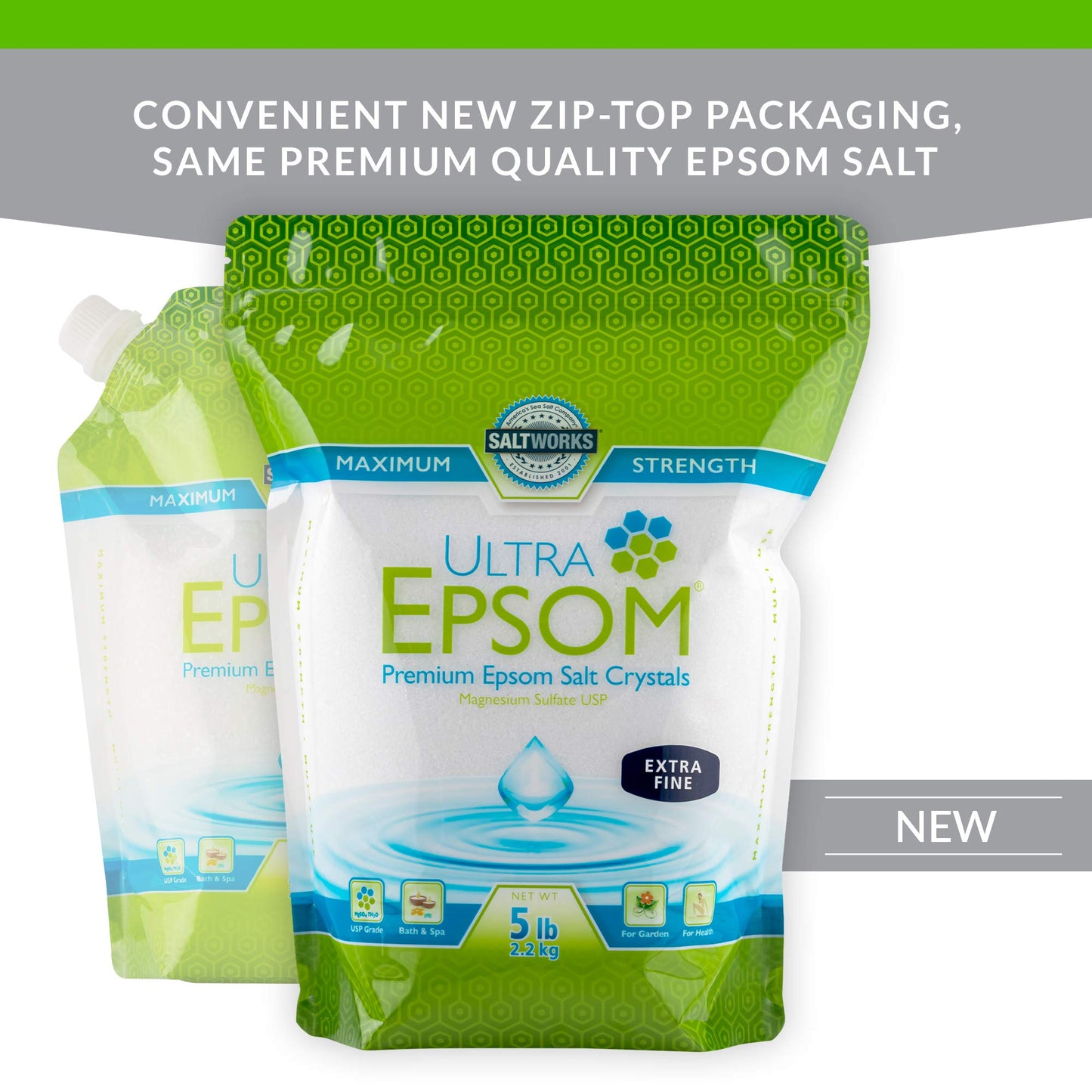 SaltWorks Ultra Epsom Bath Salt, Unscented, Extra Fine Grain, 5 Pound Bag