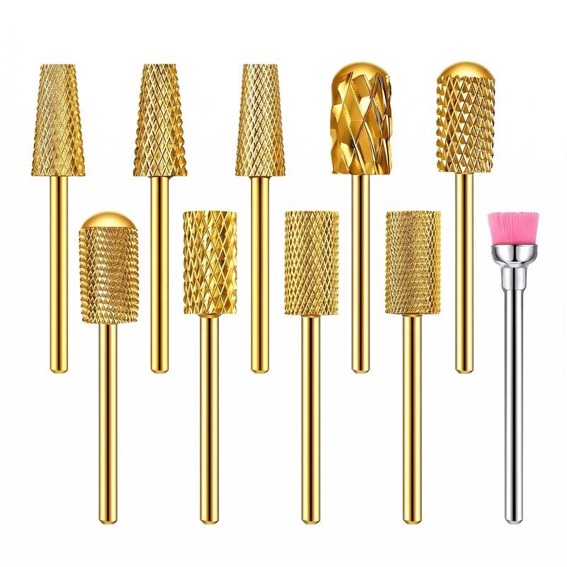 Honoson 10 Pcs Nail Drill Bits Set, 3/32 Inch Cuticle Tungsten Carbide Bit for Nail Drill Nails, File Remove Acrylic Gel Polish Manicure Pedicure Tool for Salon Home Supplies(Gold)