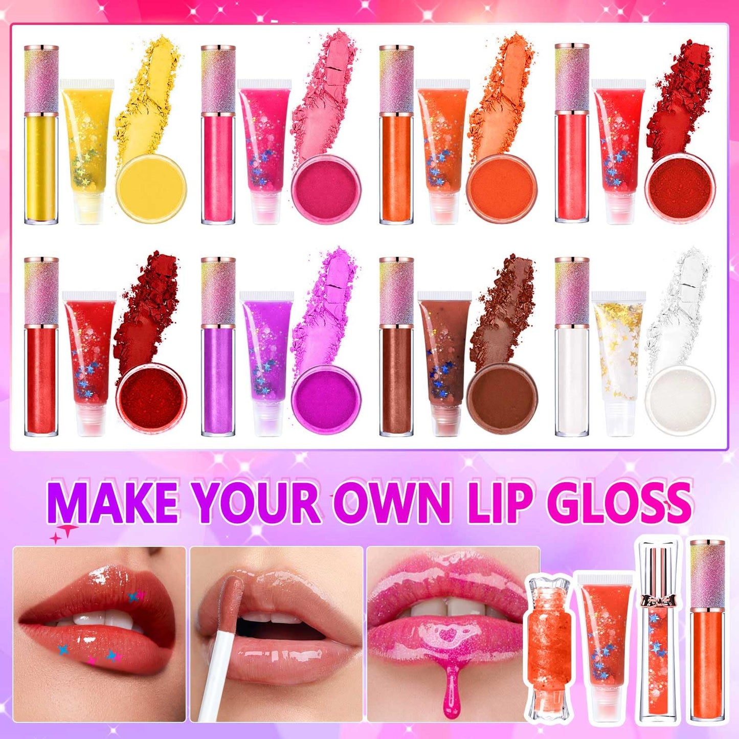 Jcoos Lip Gloss Making Kit, Lip Gloss Set for Teens Tweens Girls Woman Lip Kit Fun DIY Lipgloss Making Kit, Make Your Own Lip Gloss Kit, Moisturizing Glitter Kids Gifts Stuff for Beginner Women Girls