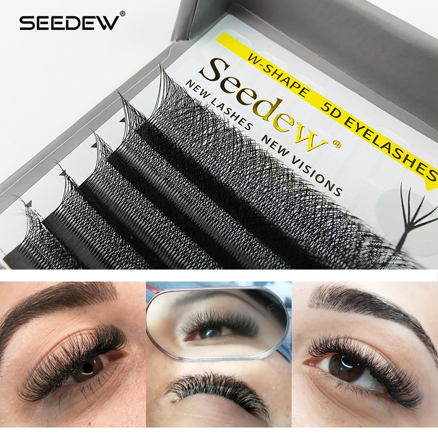 SEEDEW 5D Lash Extensions, 0.07mm C Curl 13mm 12 Rows/Tray, W Shape Flat Stem, Korean PBT Volume False Eyelashes Grafting for Beginner Artist, Lash Tech, Beauty Salon(5D-Matte Black-0.07-C-13mm)