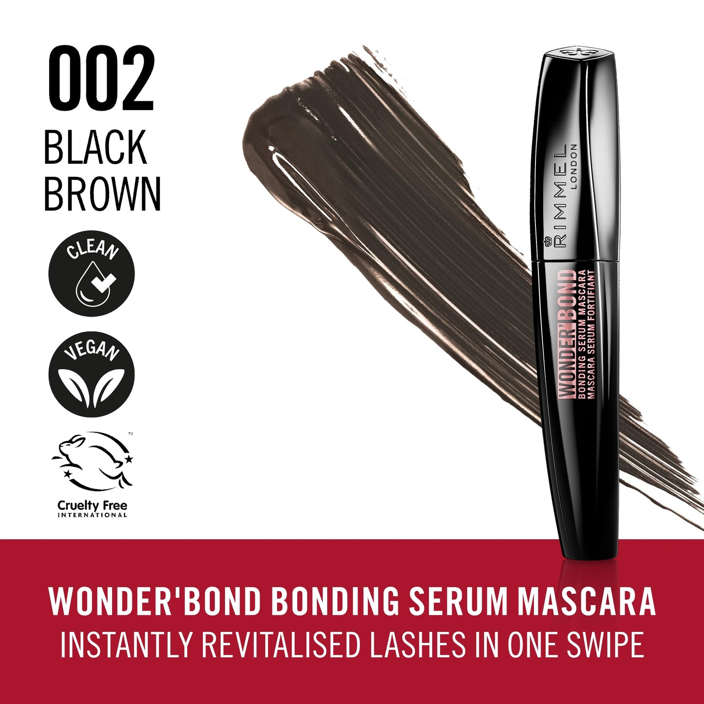 Rimmel Wonder'Bond, 002 Black Brown, Bonding Serum Mascara, Volumizing, Instantly Revitalized Lashes, With Biotin Bonding Complex, Smudge Proof, No Clumps, 0.39oz