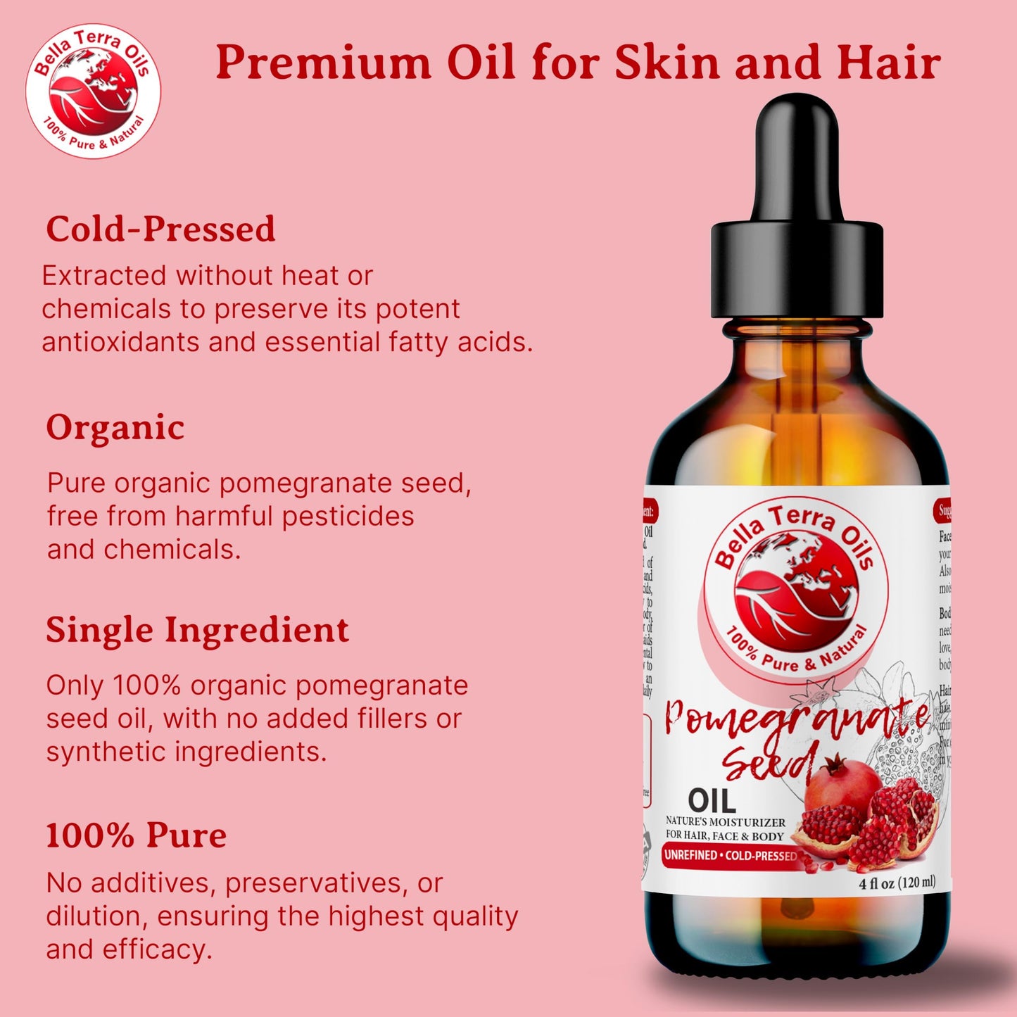 Bella Terra Oils - Natural Pomegranate Seed Oil 16oz - Steeped in Essential Minerals & Vitamins, A Symphony for Soft, Smooth, and Lustrous Skin