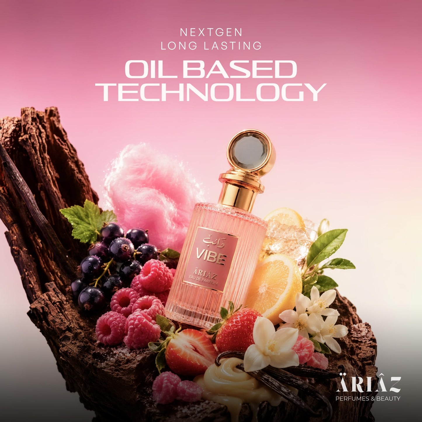 ARIAZ Vibe Women Eau De Parfum - Playful Candy Gourmand with Black Currant, Raspberry, Lemon Fizz, Cotton Candy, Vanilla & Musk - Long Lasting Oil Based Fruity Floral Day to Night Fragrance - 3.4 Oz