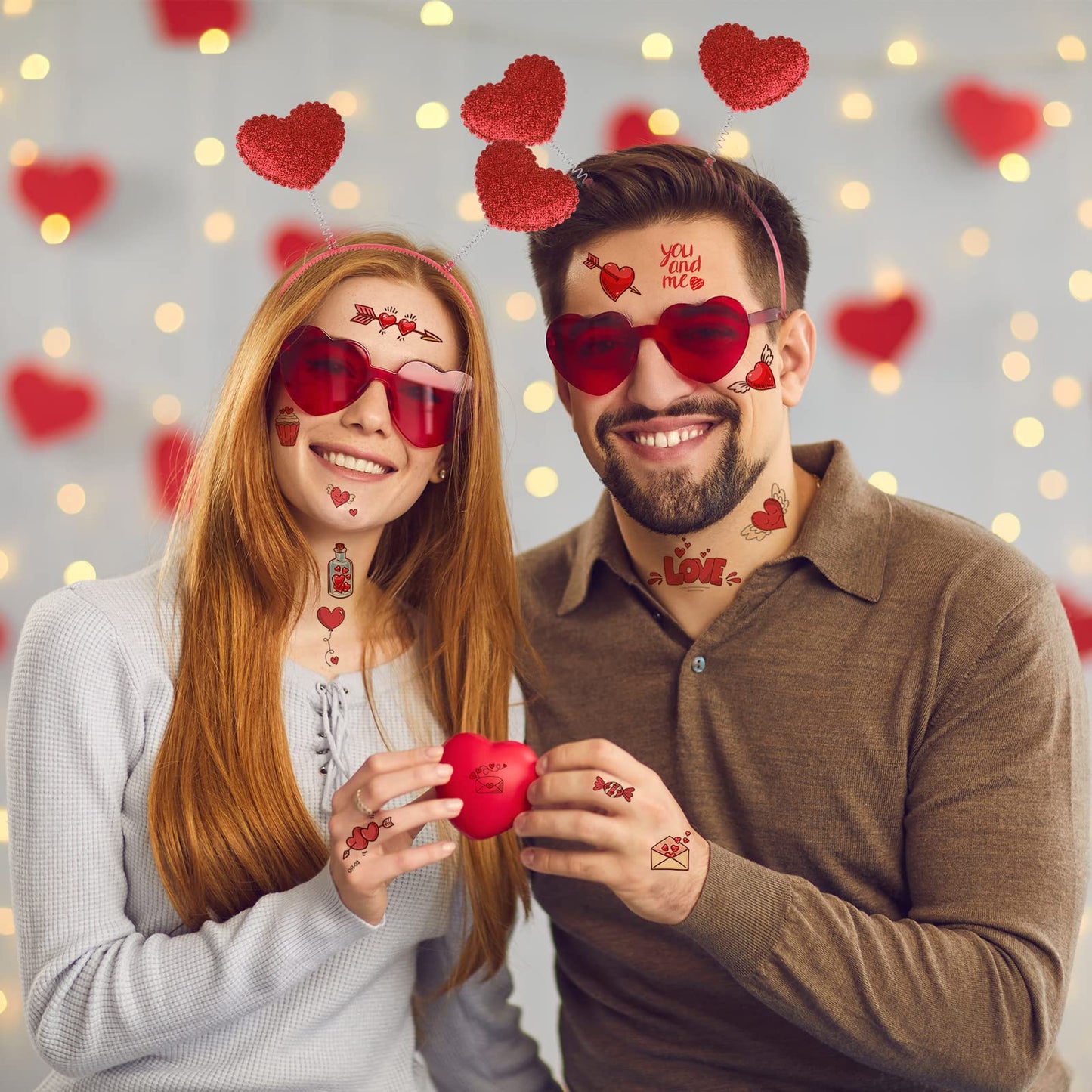 PLULON 34 Pieces Valentines Heart Headbands Heart Shape Sunglasses Temporary Tattoos Stickers Valentines Day Accessories Red Head Bopper Grasses for women Party Props Holiday Birthday