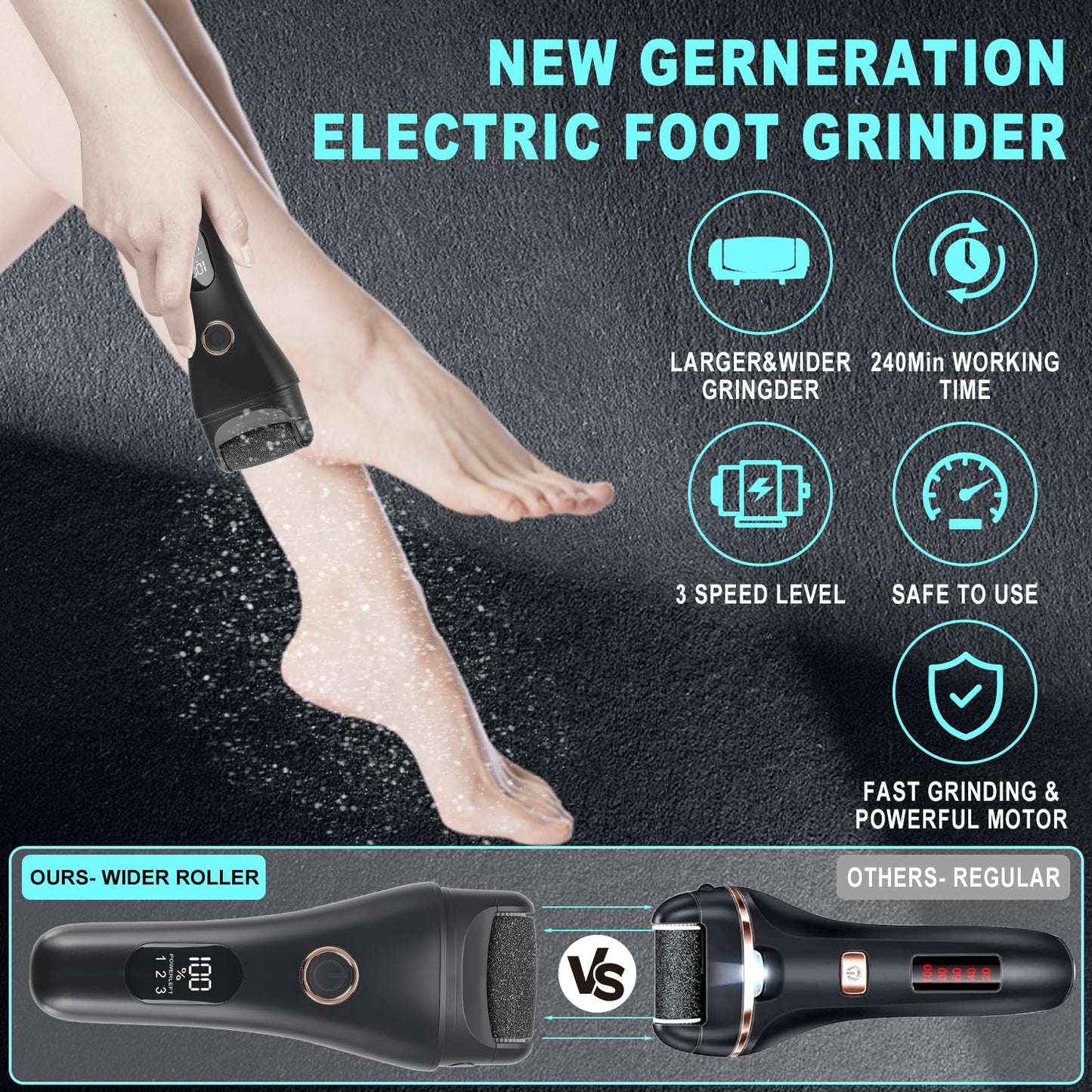 Callus Remover for Feet, 3 Speed Electric Foot Scrubber with Larger Grinder&LCD Display, Wet&Dry Using Foot File Professional Pedicure Tools, Foot SPA to Remove Callus Cracked&Hard Dead Skin (Black)