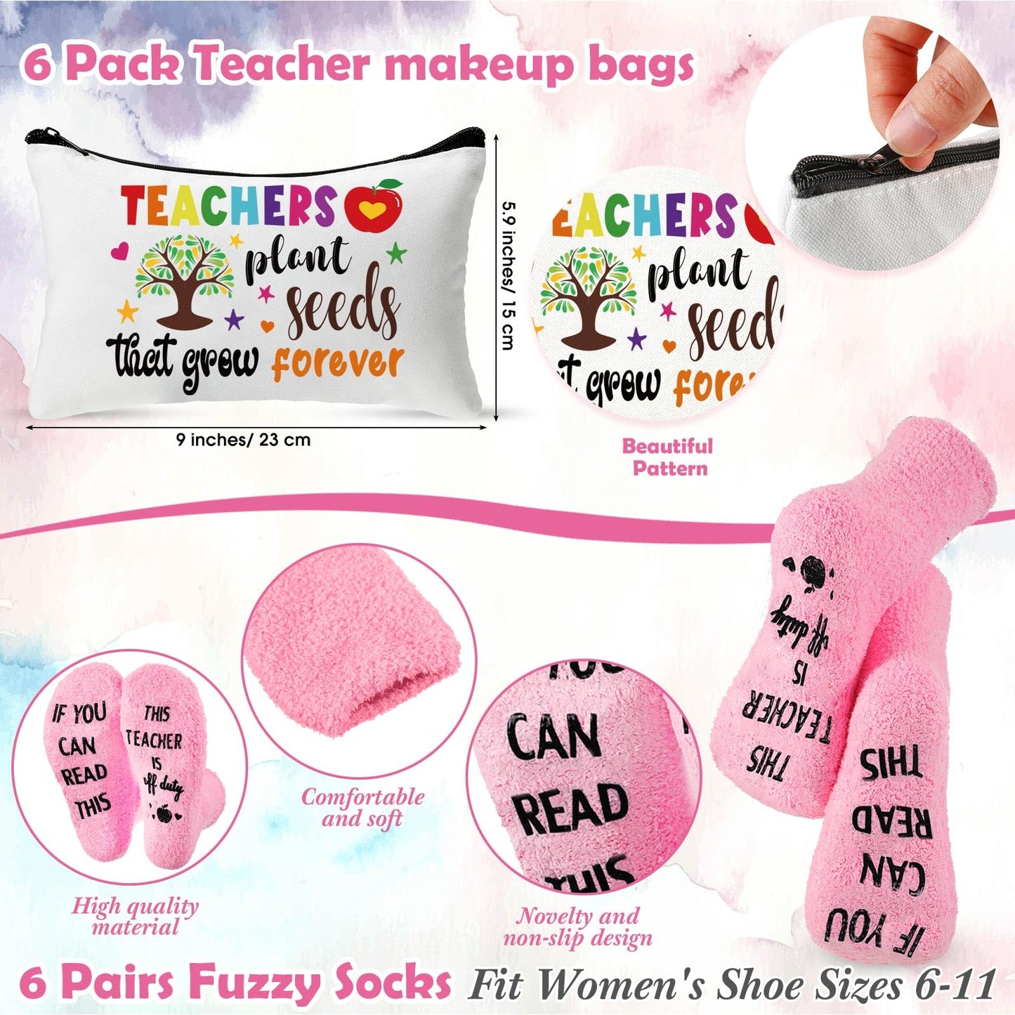 Paterr 24 Pcs End of Year Teacher Gifts Bulk for Women Thank You Gifts Including Socks Makeup Bags Keychain Metal Bookmark for Graduation(Good Teacher,Fleece)
