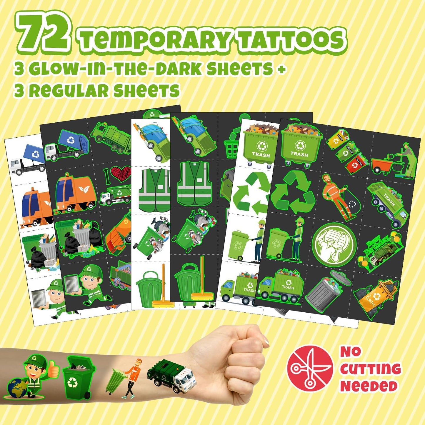 96 PCS Garbage Truck & Trash Truck Party Favors - 72 Pre-Cut Temporary Tattoos & 24 Slap Bracelets for Kids, Birthday Decoration Supplies, Goodie Bag Stuffers Gifts