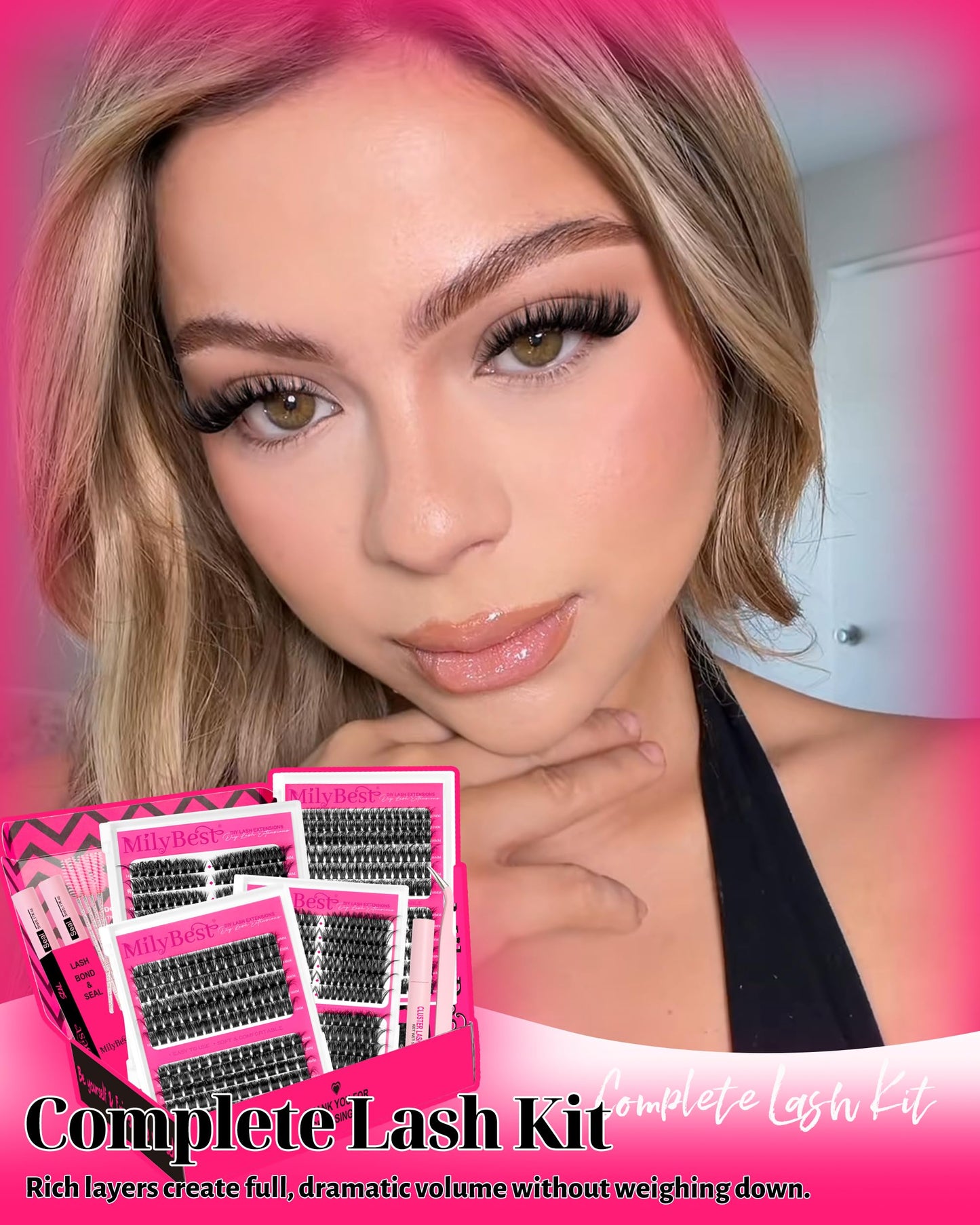 MilyBest 4 Styles Lash Clusters Kit 864Pcs Eyelash Clusters Lash Kit Volume Lashes Clusters D Curl DIY Individual False Eyelashes with 2 Bond&Seal Wispy Bulk Cluster Eyelash Extensions Kit De Pestañas