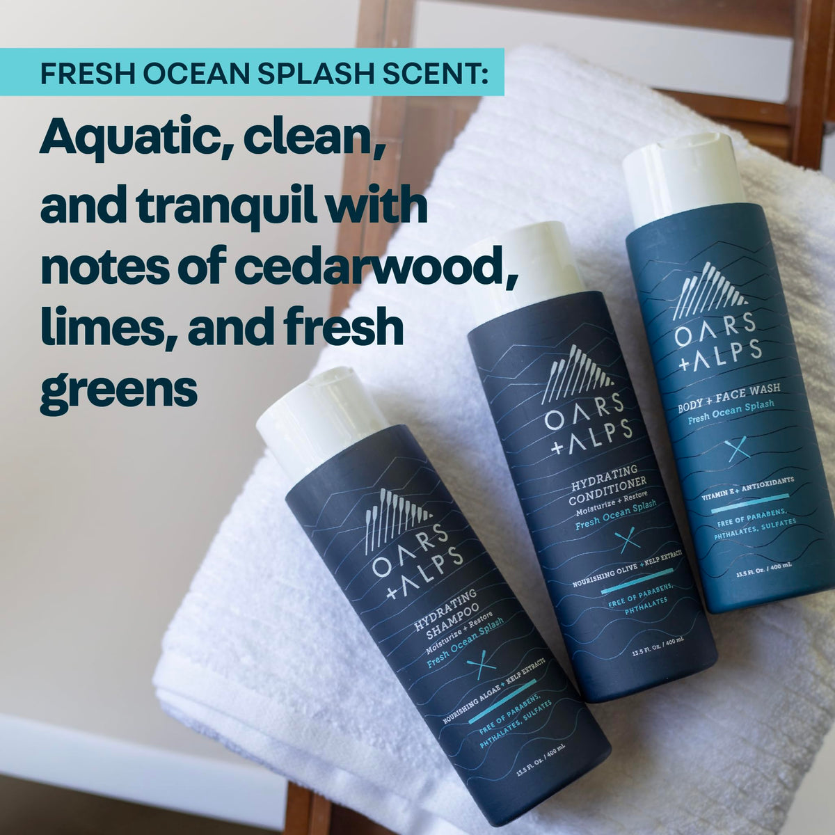 Oars + Alps Men's Sulfate Free Hair Shampoo and Conditioner Set for Men & Women, Infused with Kelp & Algae Extracts, Nourishing & Moisturizing, Paraben Free, Fresh Ocean Splash Scent, 2pk, 13.5oz