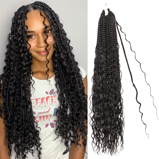 Goddess Box Braids Crochet Hair for Black Women-8 Packs 24 Inch Boho Crochet Braids Pre Looped with Curly Ends (T1B/30, 24 inch(four curly hair))