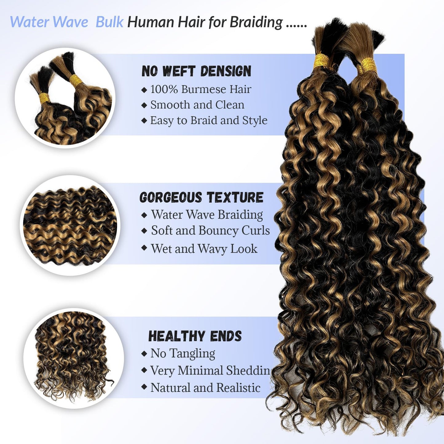 Boho Human Hair for Braiding Curly #1B/27 Highlight Honey Blonde Human Hair for Boho Braids Two Bundles 100G No Weft Water Wave Bundles Natural Black and Blonde Highlight Curly Braiding Hair 18 Inch