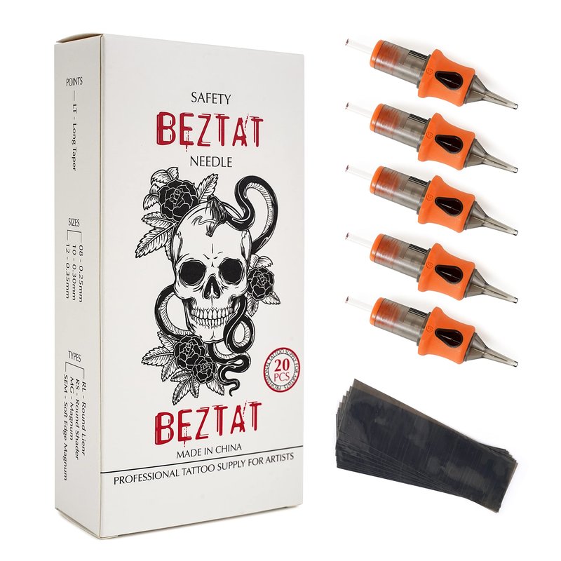 BEZTAT Ultra Premium Professional Tattoo Needles Cartridge w/Grip & Machine Covers Sleeves #10 Bugpin Round Liner 20 Pack (1011RL)
