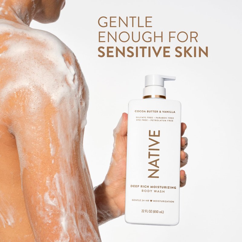 Native Cocoa Butter & Vanilla Scent 24-Hour Moisturizing Bodywash for Women & Men, Clean & Gentle, for Dry or Sensitive Skin, Keeps Skin Healthy & Smooth, Free of Sulfates, Cruelty-Free, 18 oz