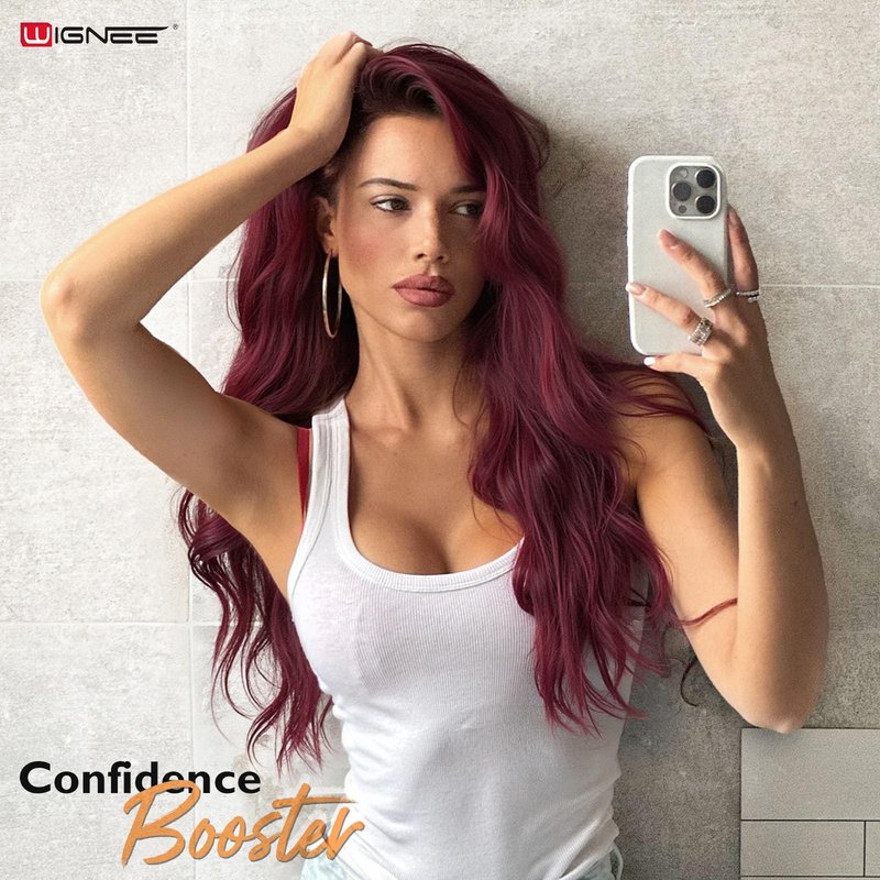 WIGNEE Long Red Wig Middle Part Dark Red Wig 26 Inches Long Wavy Wigs for white women Natural Looking Wavy Wig For Women Daily Party Use(Burgendy)