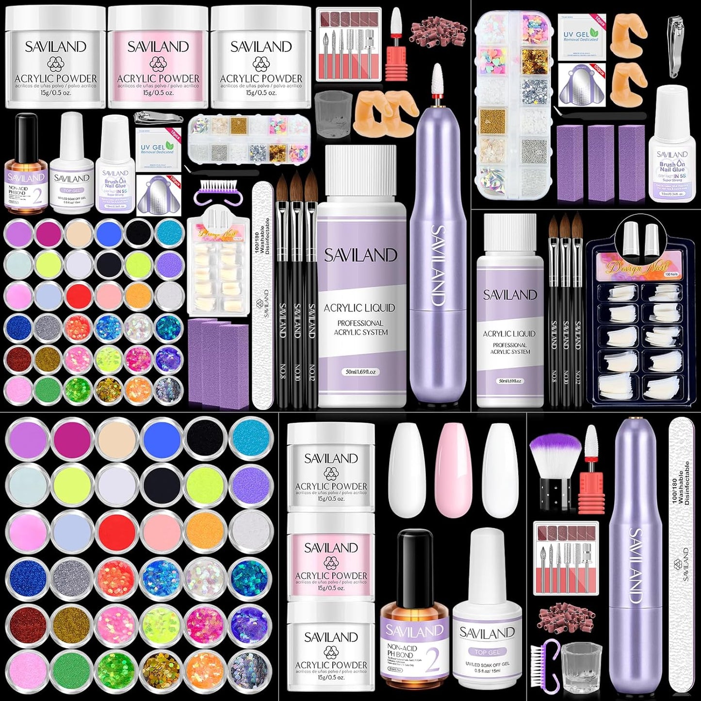 Acrylic Nail Kit for Beginners - Complete Set with Drill, Glitter Powder & 100 Nail Tips | DIY Home Manicure