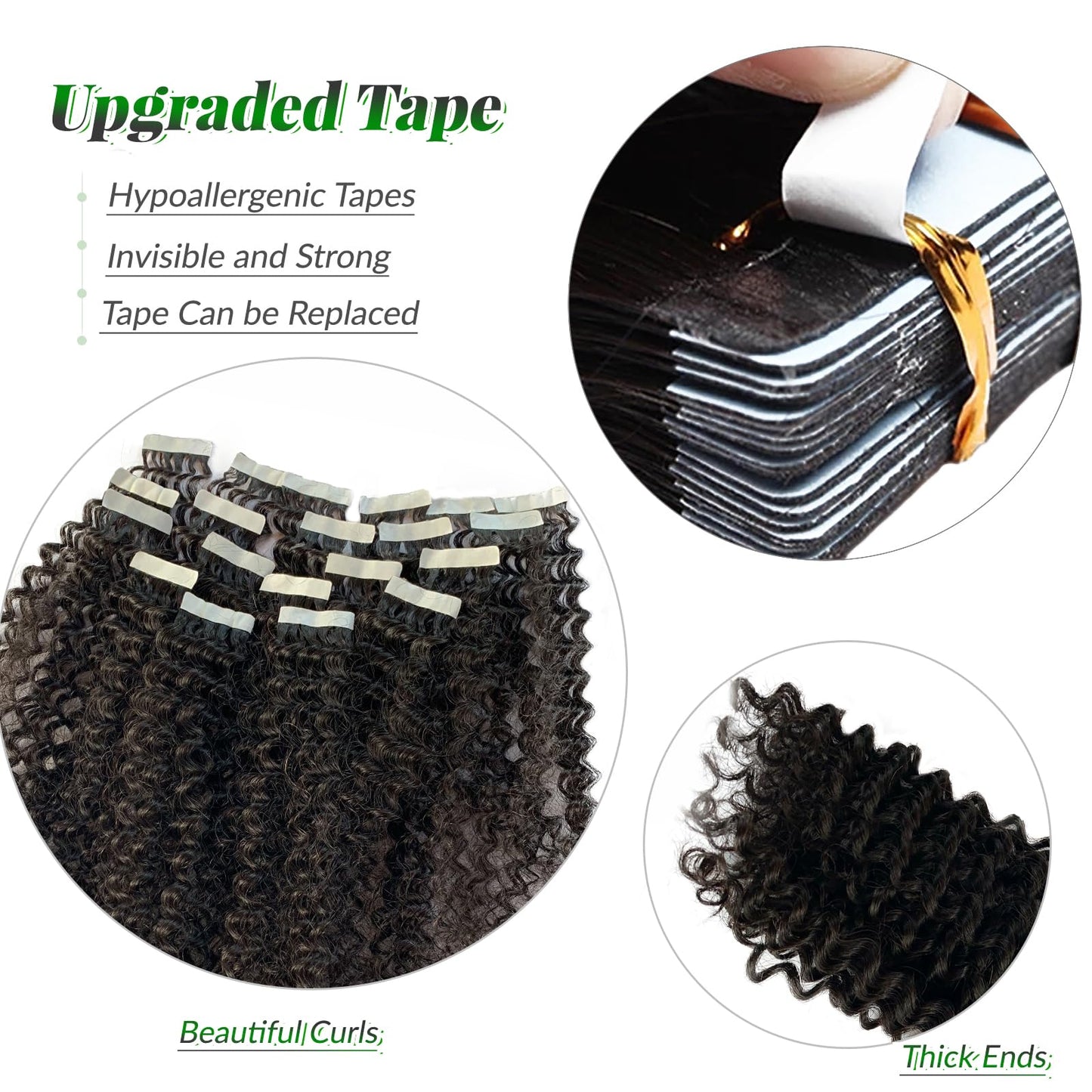 Curly Tape in Human Hair Extensions for Black Women, Kinky Curly Tape in Hair Extensions 50grams 20pcs Full Head Real Human Hair Kinky Tape ins Extensions 20 Inch Natural Black