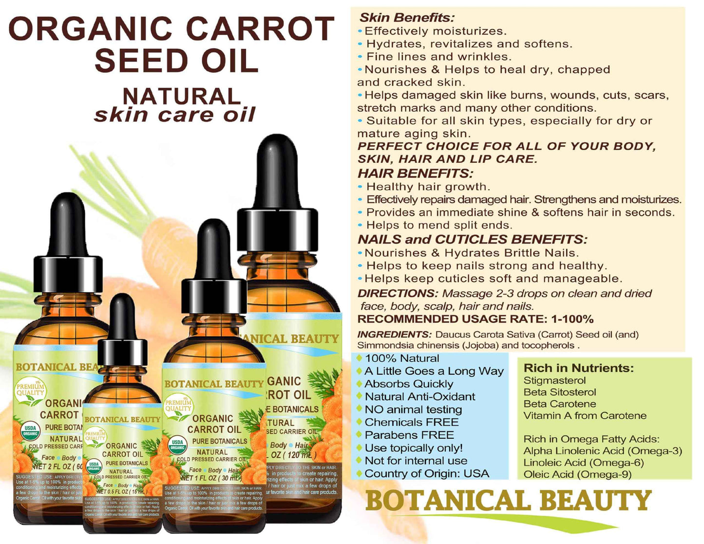 Botanical Beauty Organic CARROT SEED OIL 100% Pure VIRGIN UNREFINED Undiluted Cold Pressed Carrier Oil for Face, Skin, Body, Hair, Lip, Nails. Rich in Beta Carotene, Vitamin E (1 Fl Oz)