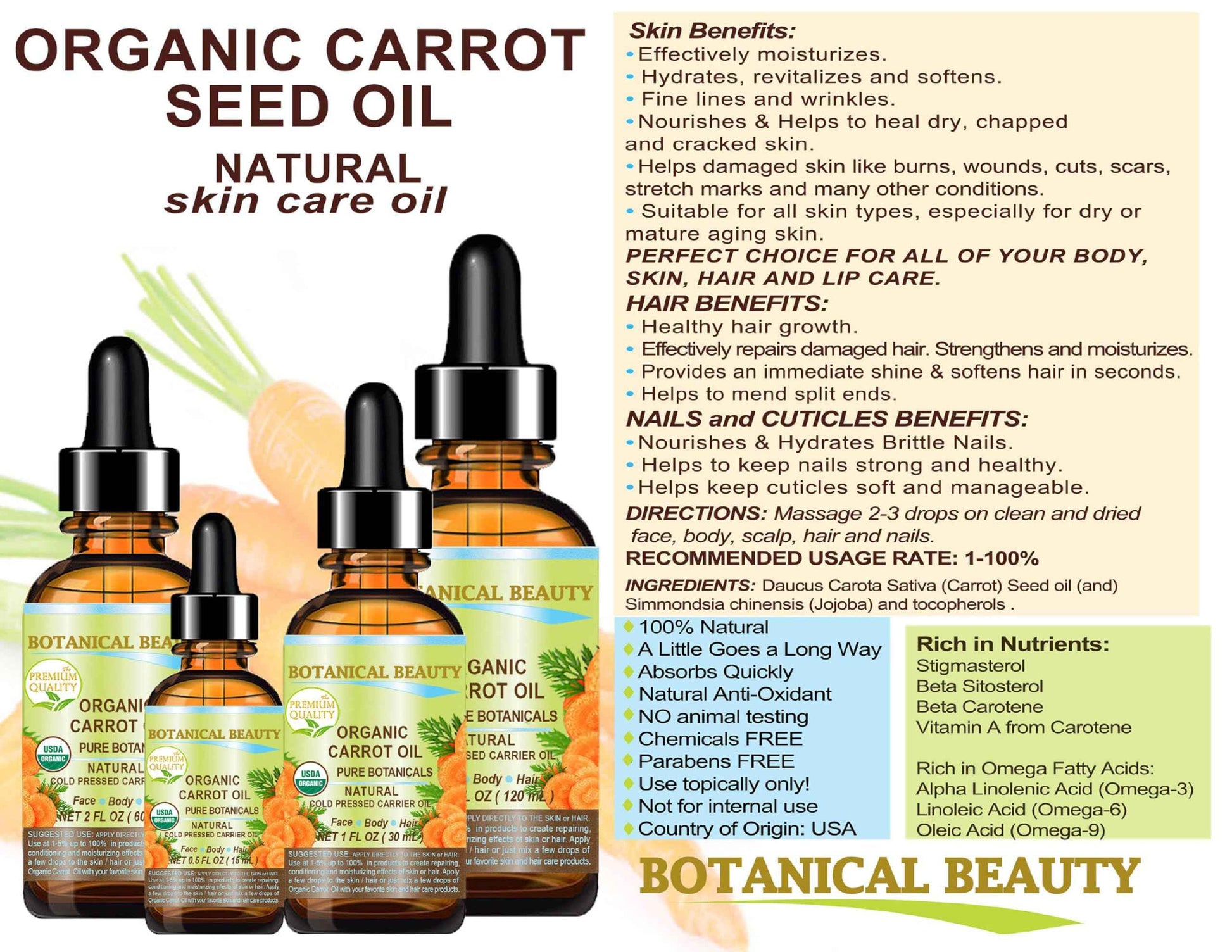 Botanical Beauty Organic CARROT SEED OIL 100% Pure VIRGIN UNREFINED Undiluted Cold Pressed Carrier Oil for Face, Skin, Body, Hair, Lip, Nails. Rich in Beta Carotene, Vitamin E (1 Fl Oz)